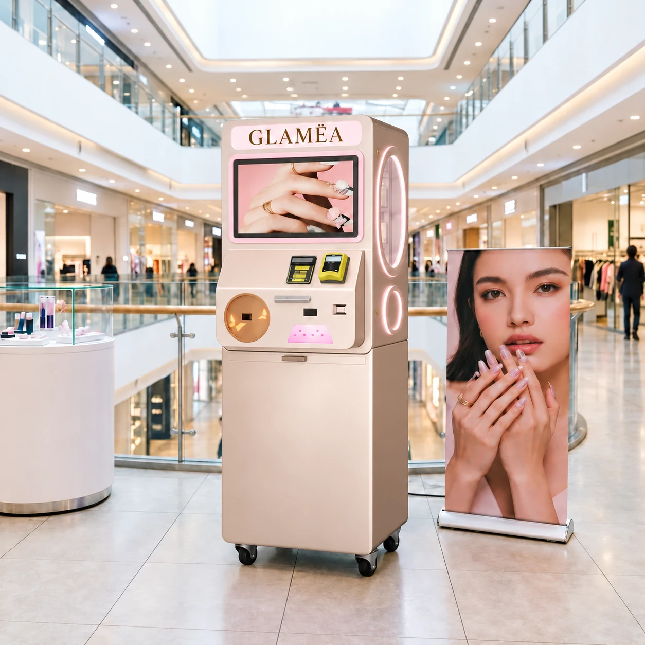 Concept GLAMËA de borne sur pied dans un espace d’accueil commercial.