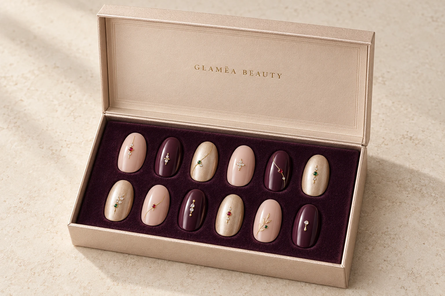 Des capsules nude et prune avec de fins ornements colorés dans un coffret GLAMËA ouvert, intérieur velours prune.