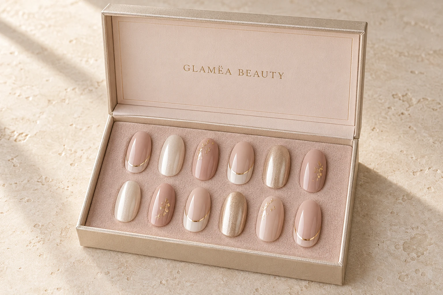 Concept GLAMËA de coffret champagne ouvert sur des capsules nude et nacrées.