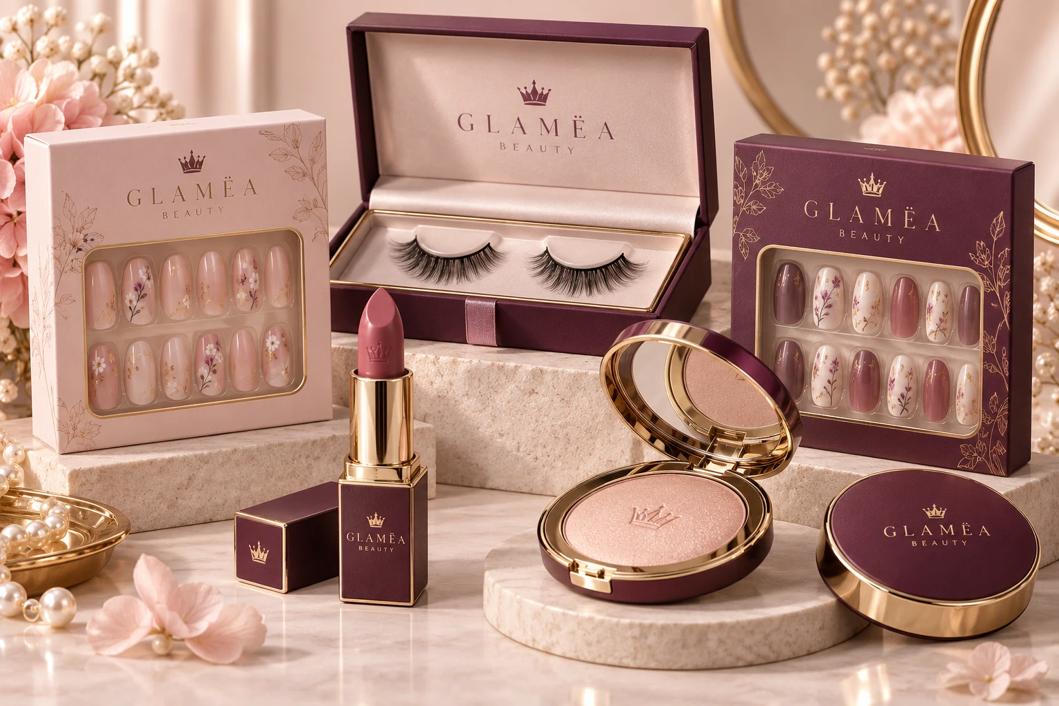 Exemple d’univers GLAMËA : capsules d’ongles, cils, maquillage et emballages assortis rose nacré.