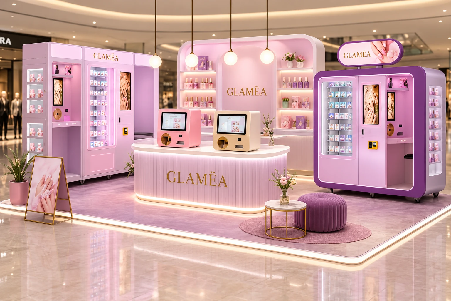 Concept de corner GLAMËA en galerie commerciale.