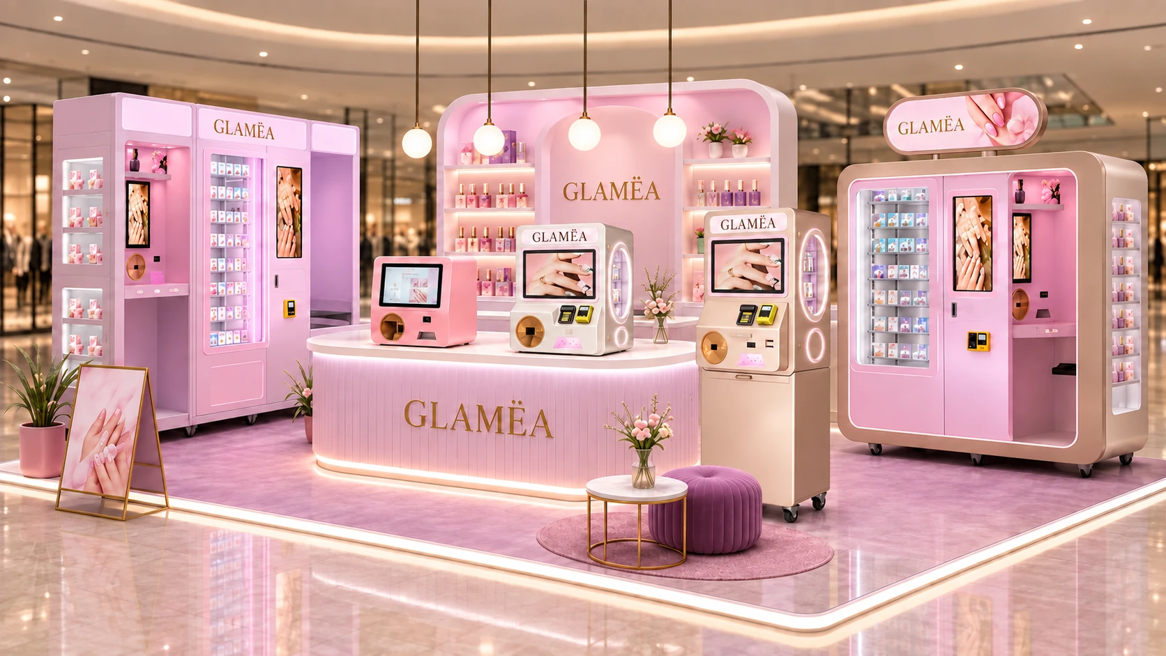 Concept de corner GLAMËA ivoire, champagne et rose dans une galerie commerciale.
