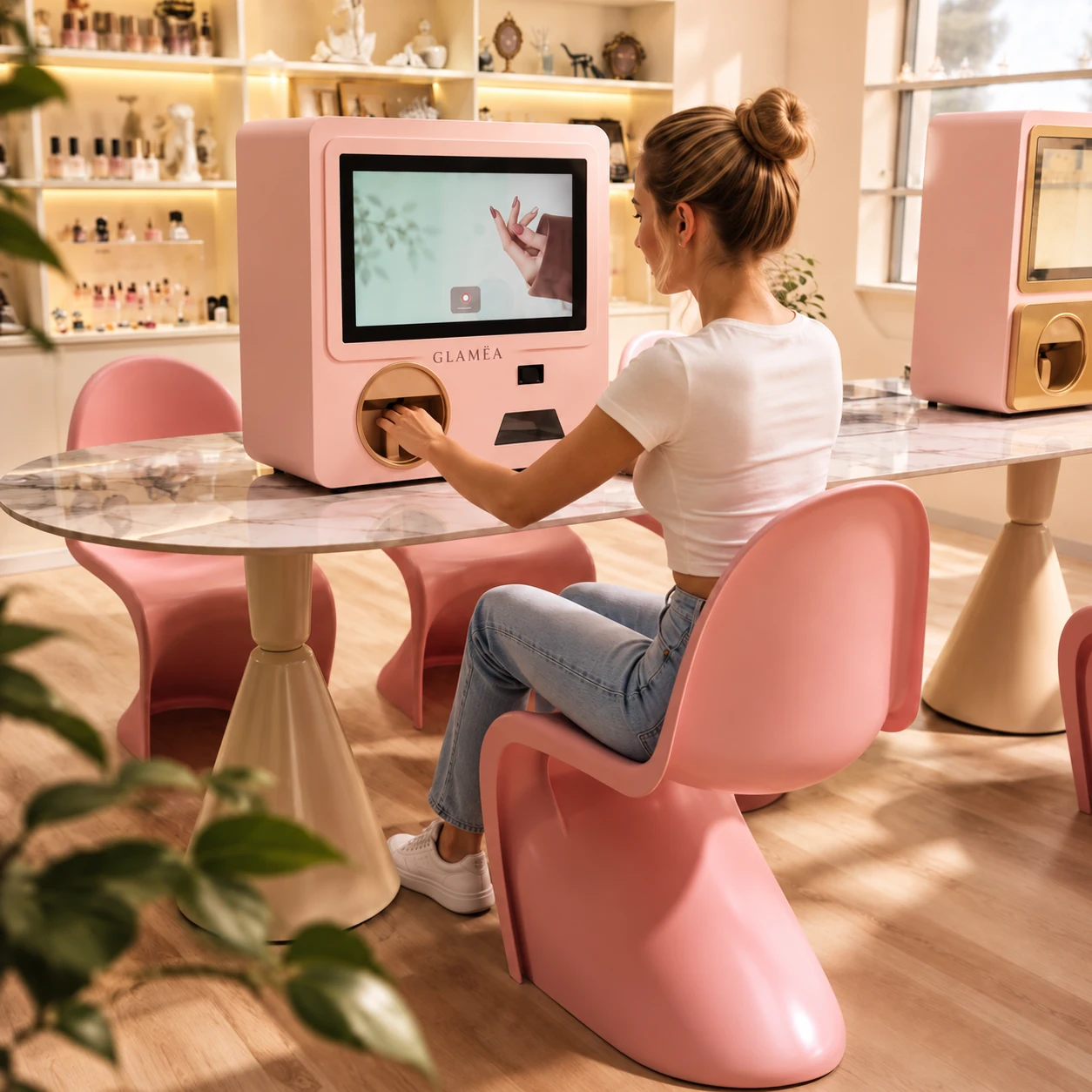 Concept d’imprimante GLAMËA utilisée sur un comptoir de salon.