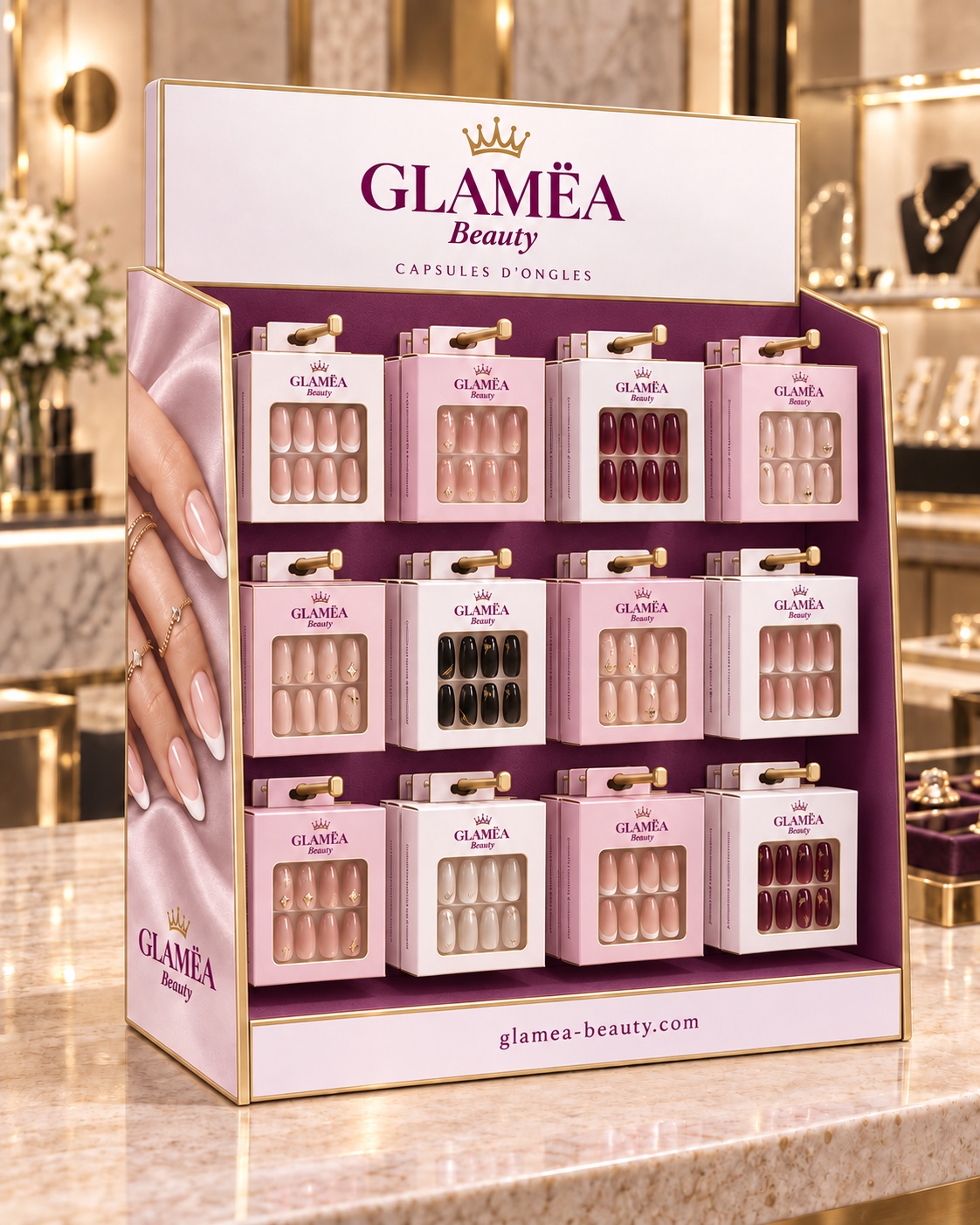 Présentoir GLAMËA Le Comptoir : fond prune, habillage rose poudré, crochets dorés et douze emplacements visibles de capsules d’ongles.